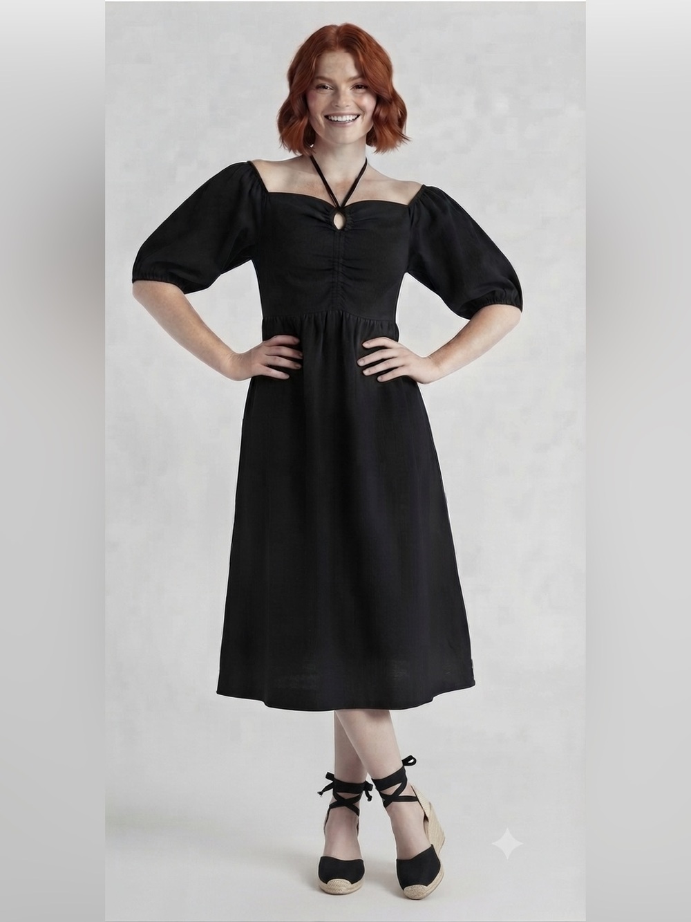 Free Assembly Puff-Sleeve On/Off Shoulder Halter Neck Dress